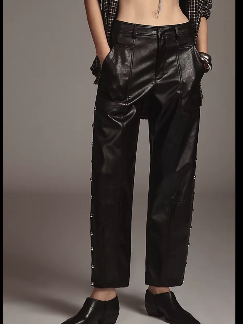 NWT By Anthropologie Faux Leather Utility Wide Leg Pants w/ silver stud 0 $148